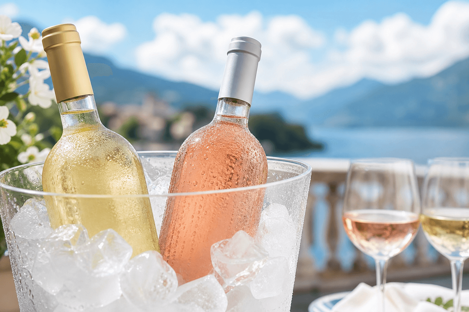 Gekühlter Weisswein und Rosé an heissem Sommertag
