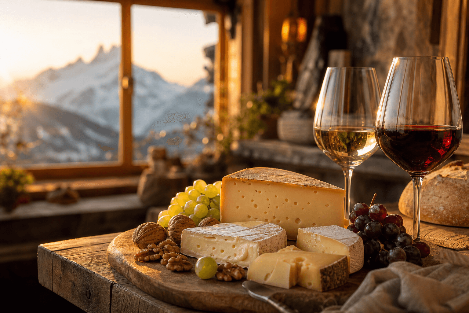 Käseplatte mit Weiss- und Rotwein